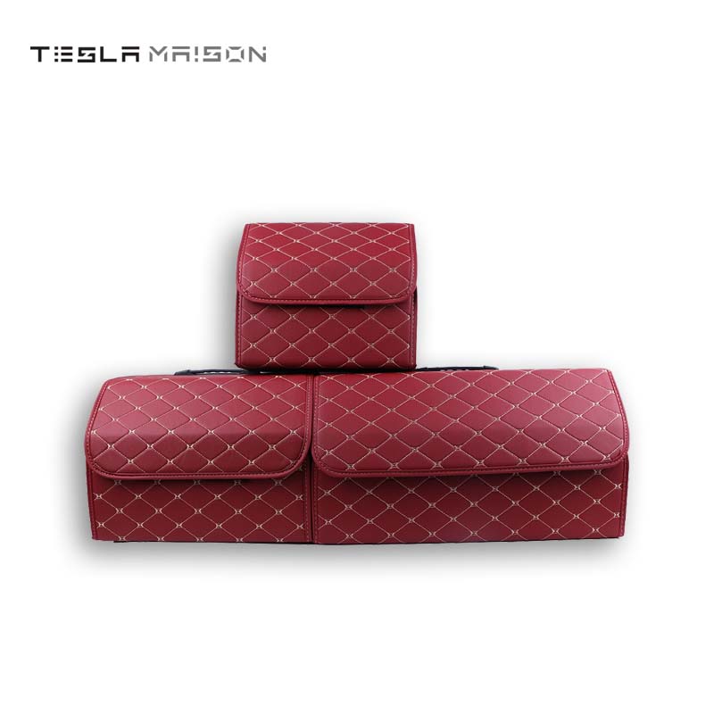 Multipurpose Collapsible Car Trunk Storage Organizer - Red With Beige Stitching -Small---Tesla Maison
