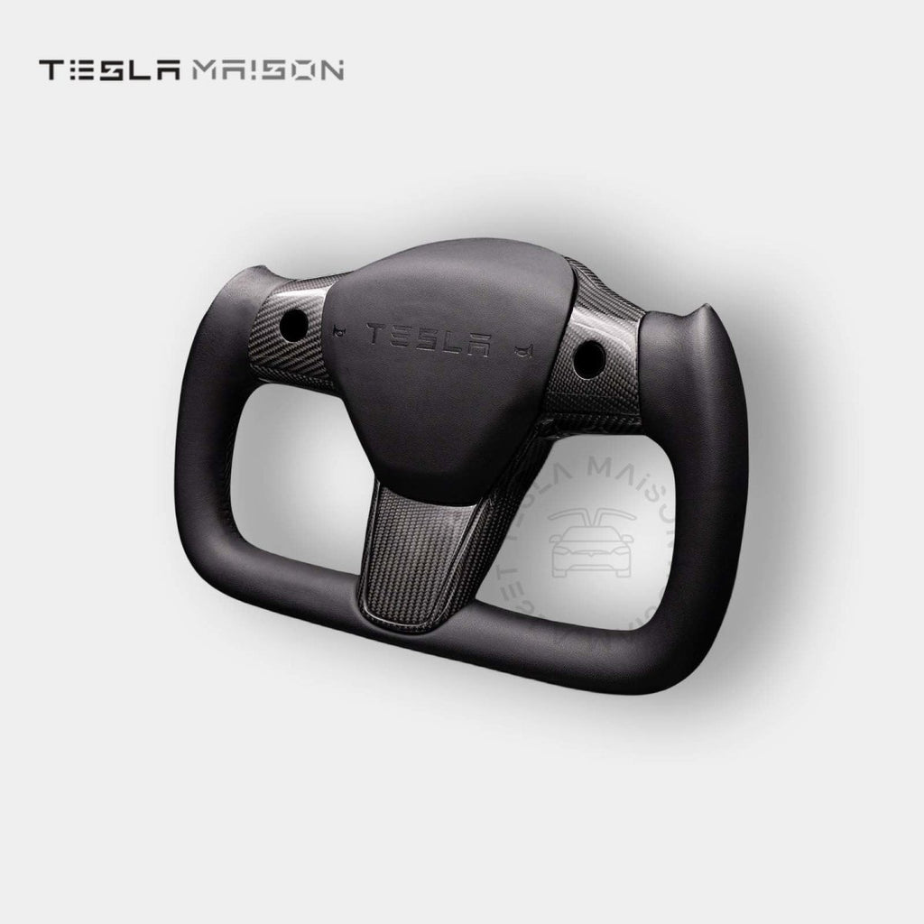 Tesla Model 3 Yoke Steering Wheel Black Leather Gloss Carbon Full Panel -Yes （ +$69.00 ）-With ( +$50.00 )-One Side-Tesla Maison