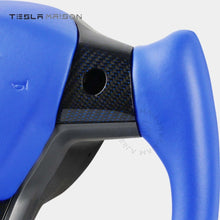 Load image into Gallery viewer, Tesla Model 3 Yoke Steering Wheel - Blue Leather Gloss Carbon Upper Panel -No-With ( +$50.00 )-One Side-Tesla Maison