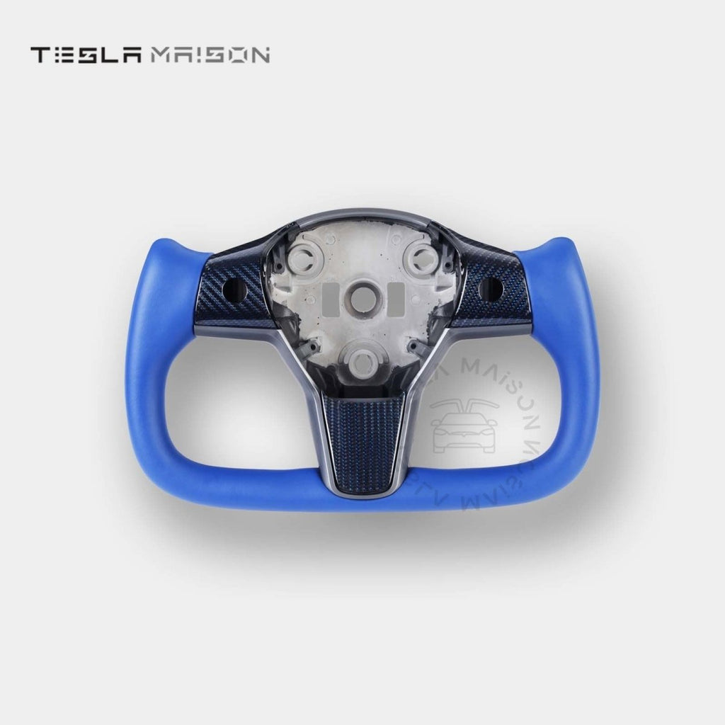Tesla Model 3 Yoke Steering Wheel - Blue Leather Gloss Carbon Upper Panel -No-With ( +$50.00 )-One Side-Tesla Maison