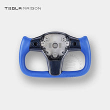 Load image into Gallery viewer, Tesla Model 3 Yoke Steering Wheel - Blue Leather Gloss Carbon Upper Panel -No-With ( +$50.00 )-One Side-Tesla Maison