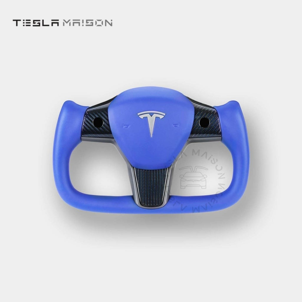 Tesla Model 3 Yoke Steering Wheel - Blue Leather Gloss Carbon Upper Panel -Yes （ +$69.00 ）-With ( +$50.00 )-One Side-Tesla Maison