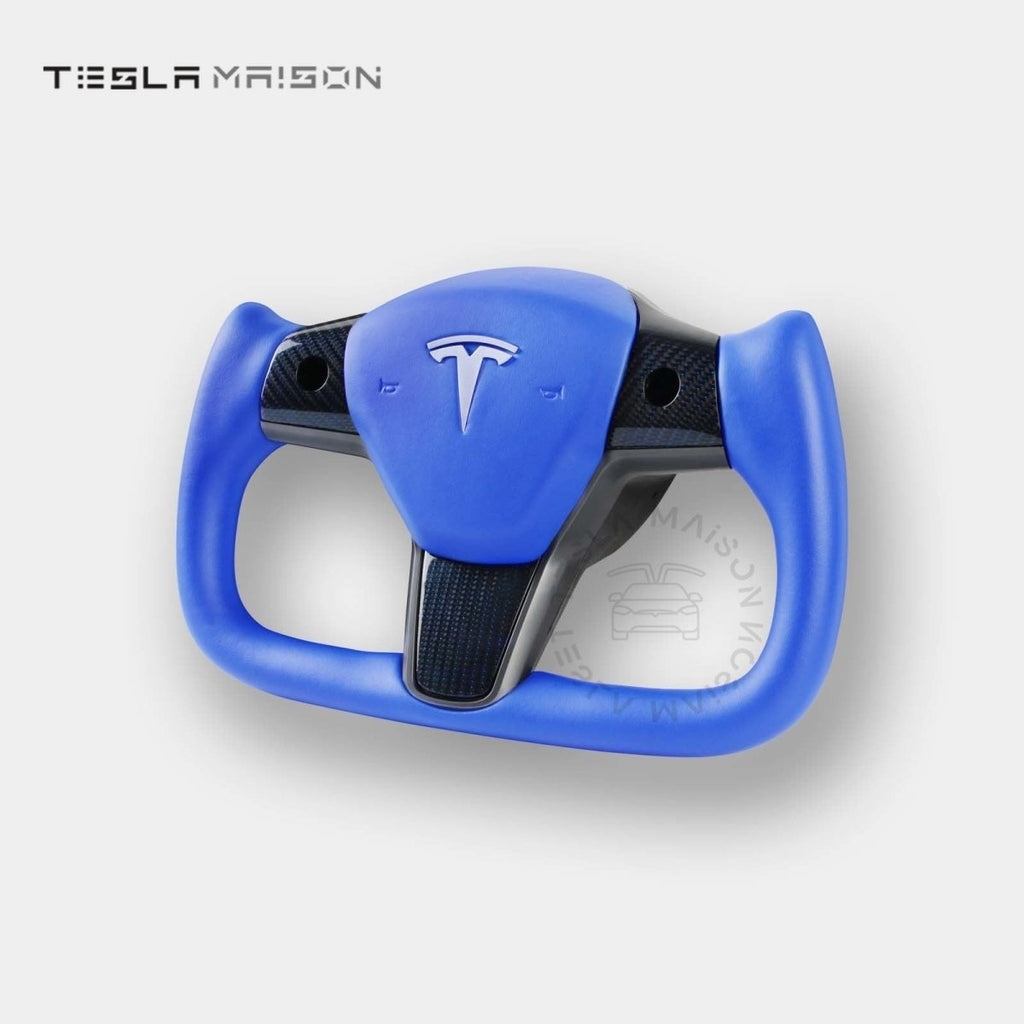 Tesla Model 3 Yoke Steering Wheel - Blue Leather Gloss Carbon Upper Panel -Yes （ +$69.00 ）-With ( +$50.00 )-One Side-Tesla Maison