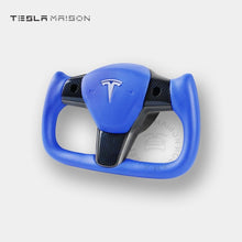 Load image into Gallery viewer, Tesla Model 3 Yoke Steering Wheel - Blue Leather Gloss Carbon Upper Panel -Yes （ +$69.00 ）-With ( +$50.00 )-One Side-Tesla Maison