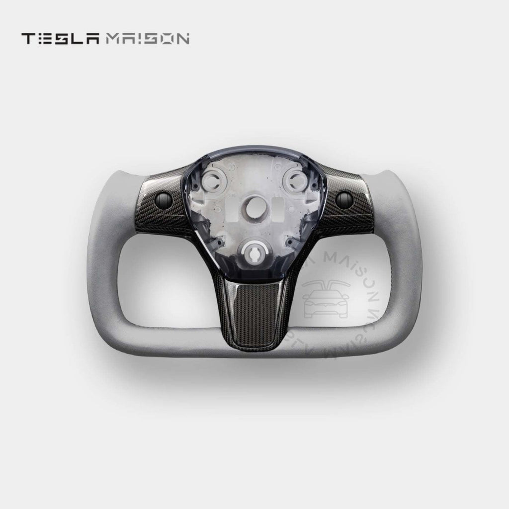 Tesla Model 3 Yoke Steering Wheel - Grey Leather With Full Gloss Carbon Panel -No-With ( +$50.00 )-One Side-Tesla Maison