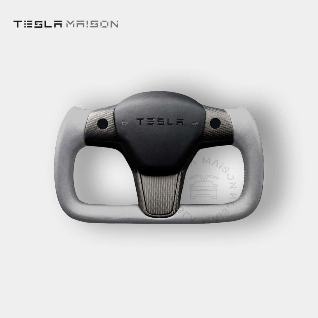 Tesla Model 3 Yoke Steering Wheel - Grey Leather With Full Matte Carbon Panel -Yes （ +$69.00 ）-With ( +$50.00 )-One Side-Tesla Maison