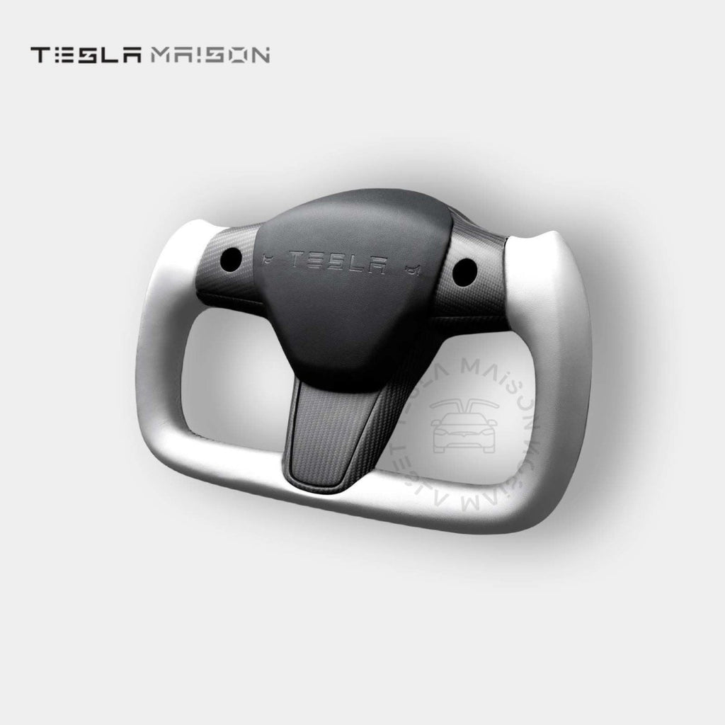 Tesla Model 3 Yoke Steering Wheel - Grey Leather With Full Matte Carbon Panel -Yes （ +$69.00 ）-With ( +$50.00 )-One Side-Tesla Maison