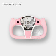 Load image into Gallery viewer, Tesla Model 3 Yoke Steering Wheel - Light Pink Leather and Upper Panel -No-With ( +$50.00 )-One Side-Tesla Maison