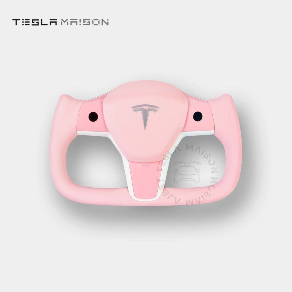 Tesla Model 3 Yoke Steering Wheel - Light Pink Leather and Upper Panel -Yes （ +$69.00 ）-With ( +$50.00 )-One Side-Tesla Maison