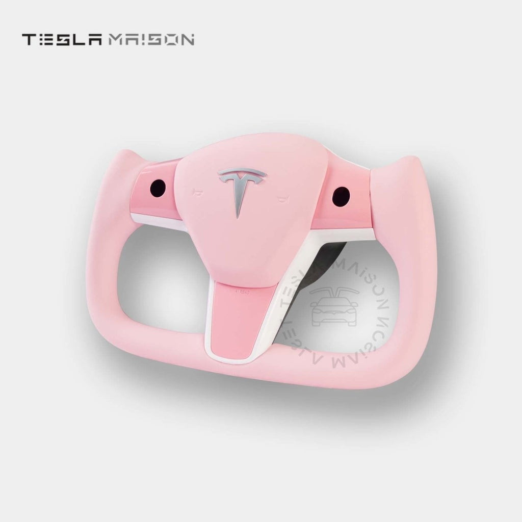 Tesla Model 3 Yoke Steering Wheel - Light Pink Leather and Upper Panel -Yes （ +$69.00 ）-With ( +$50.00 )-One Side-Tesla Maison