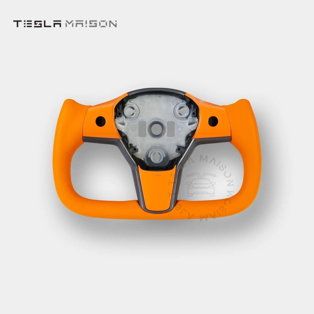 Tesla Model 3 Yoke Steering Wheel - Orange Leather and Upper Panel -No-With ( +$50.00 )-One Side-Tesla Maison