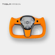Load image into Gallery viewer, Tesla Model 3 Yoke Steering Wheel - Orange Leather and Upper Panel -No-With ( +$50.00 )-One Side-Tesla Maison