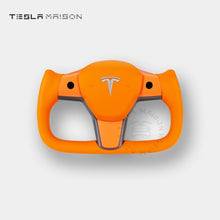 Load image into Gallery viewer, Tesla Model 3 Yoke Steering Wheel - Orange Leather and Upper Panel -Yes （ +$69.00 ）-With ( +$50.00 )-One Side-Tesla Maison