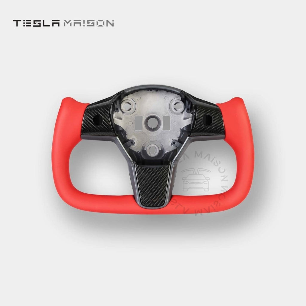 Tesla Model 3 Yoke Steering Wheel Red Leather Gloss Carbon Upper Panel -No-With ( +$50.00 )-Two Side-Tesla Maison