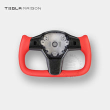 Load image into Gallery viewer, Tesla Model 3 Yoke Steering Wheel Red Leather Gloss Carbon Upper Panel -No-With ( +$50.00 )-Two Side-Tesla Maison