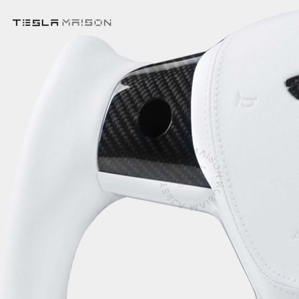 Tesla Model 3 Yoke Steering Wheel - White Leather With Gloss Carbon Upper Panel -No-With ( +$50.00 )-One Side-Tesla Maison