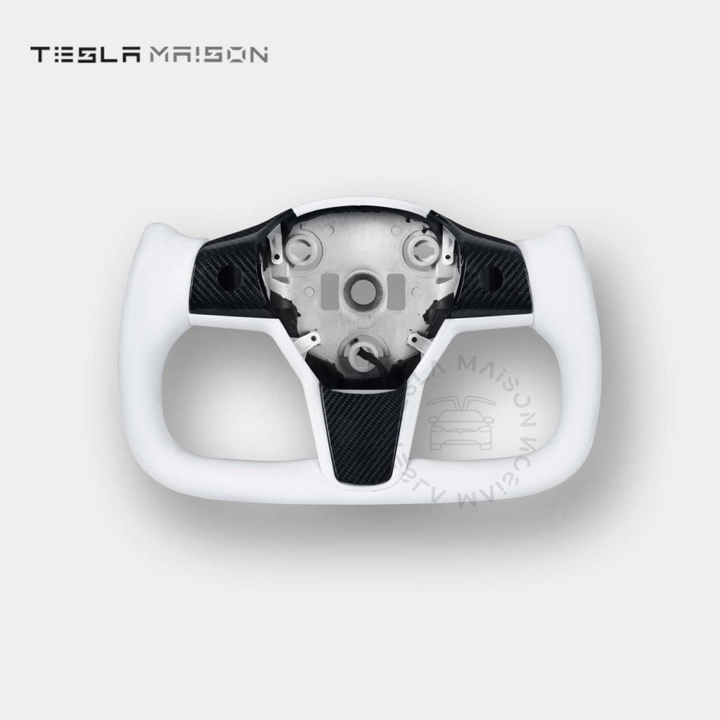 Tesla Model 3 Yoke Steering Wheel - White Leather With Gloss Carbon Upper Panel -No-With ( +$50.00 )-One Side-Tesla Maison