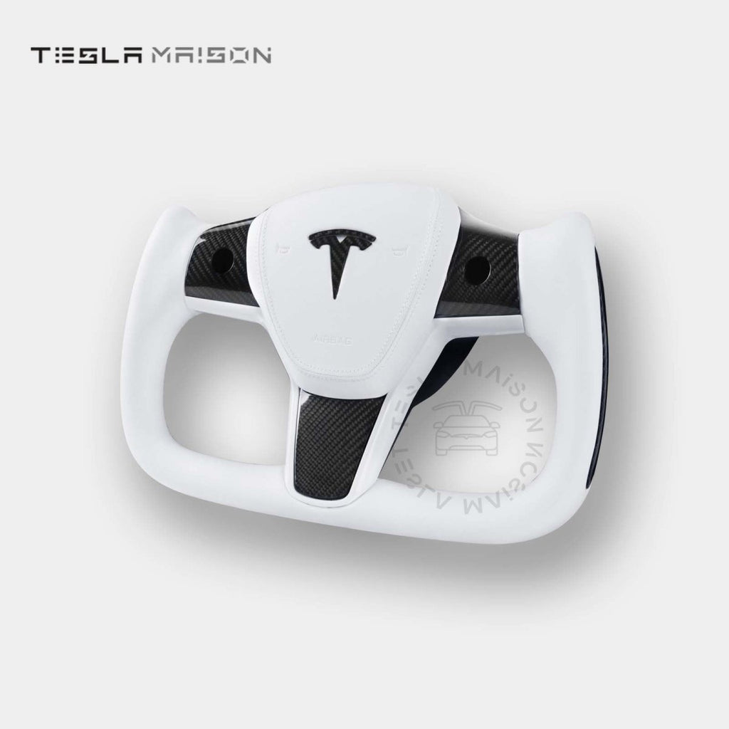 Tesla Model 3 Yoke Steering Wheel - White Leather With Gloss Carbon Upper Panel -Yes （ +$69.00 ）-With ( +$50.00 )-One Side-Tesla Maison