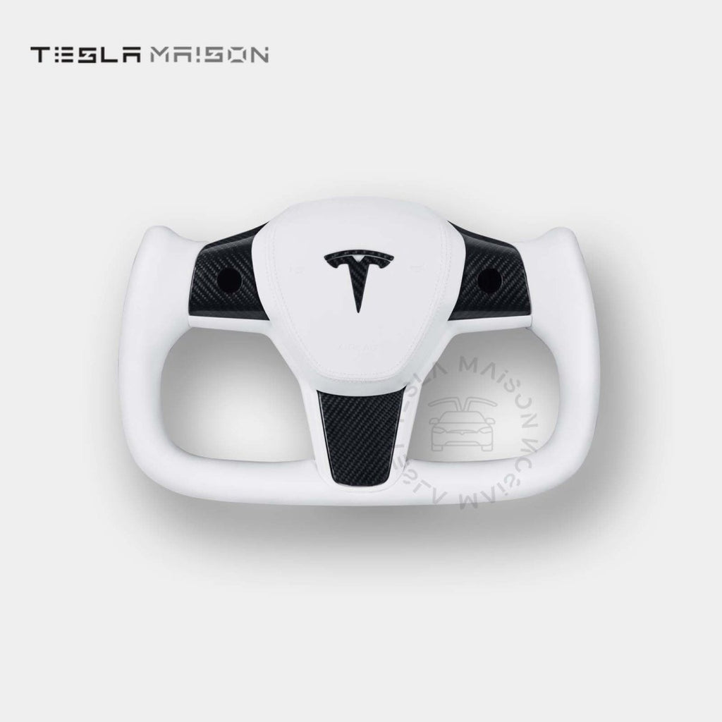 Tesla Model 3 Yoke Steering Wheel - White Leather With Gloss Carbon Upper Panel -Yes （ +$69.00 ）-With ( +$50.00 )-One Side-Tesla Maison