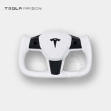 Tesla Model 3 Yoke Steering Wheel - White Leather With Gloss Carbon Upper Panel