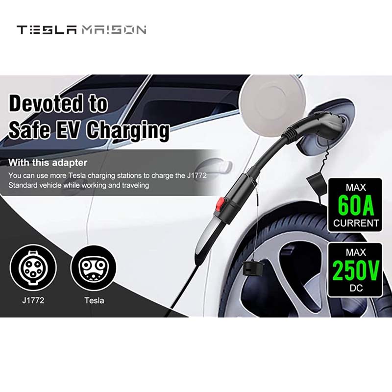 Tesla to J1772 Adapter: Max 60A, 250V for High Powered Connector -Black---Tesla Maison